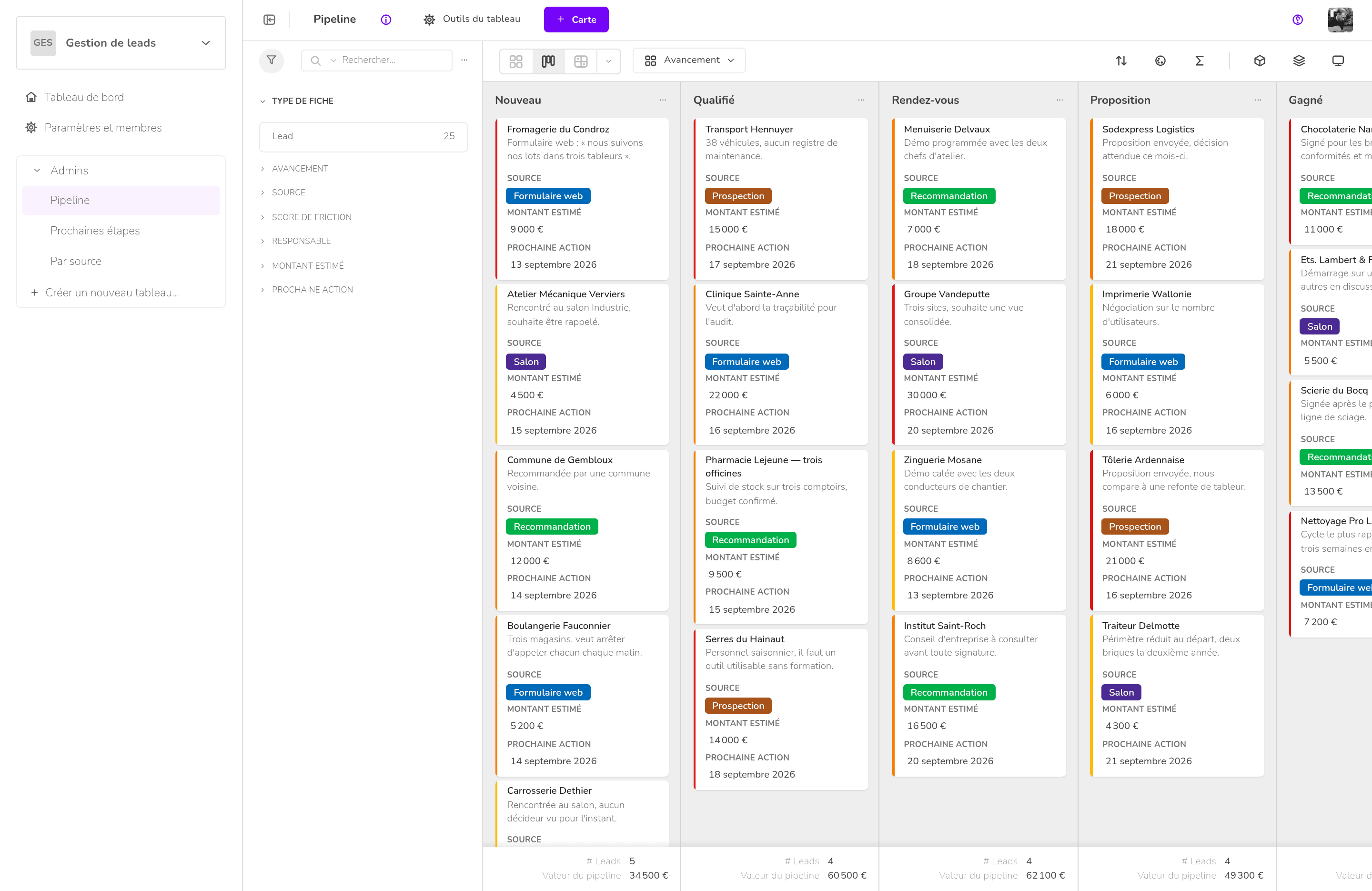 Klaro Cards — Services — Gestion de leads