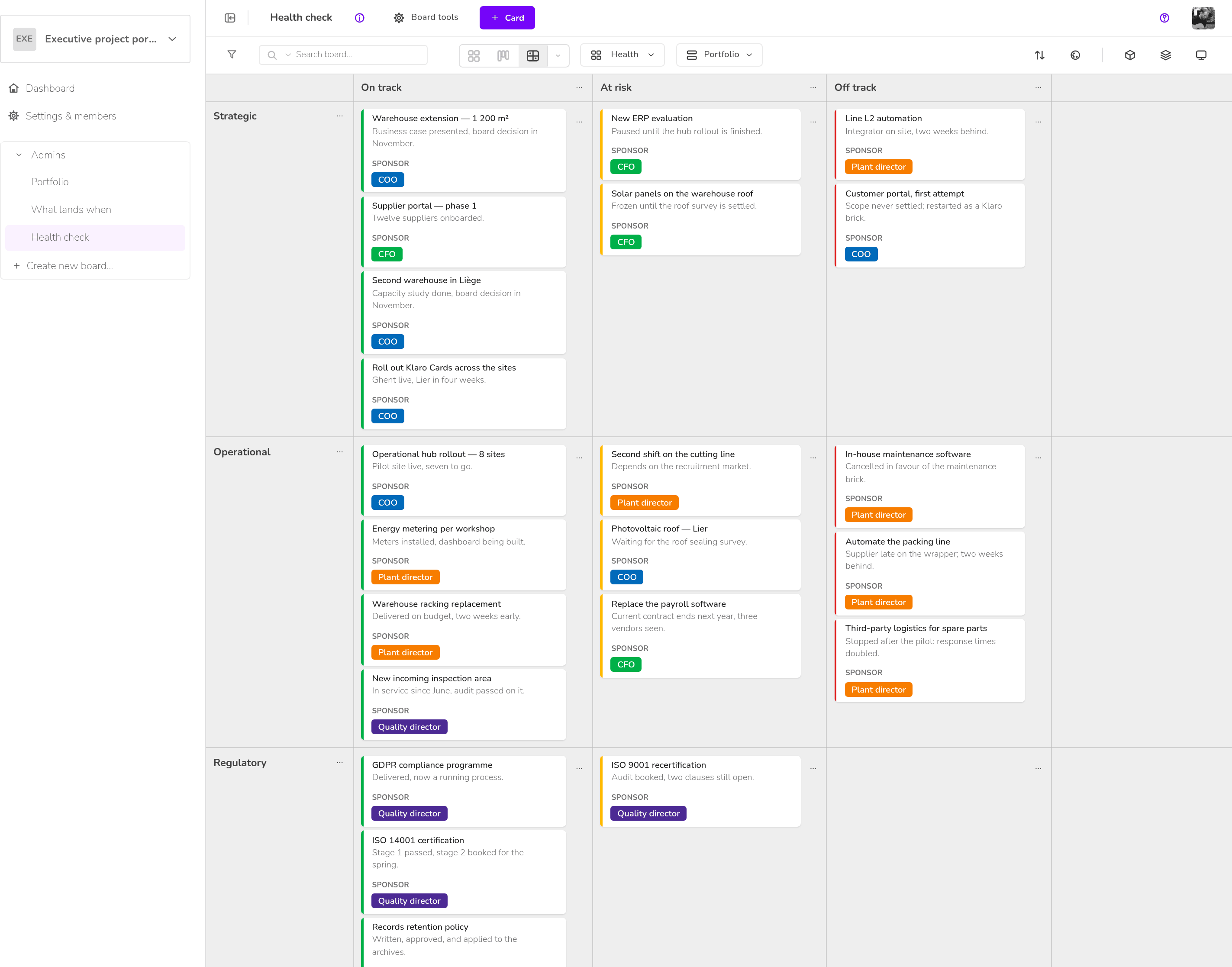 Executive project portfolio — Health check