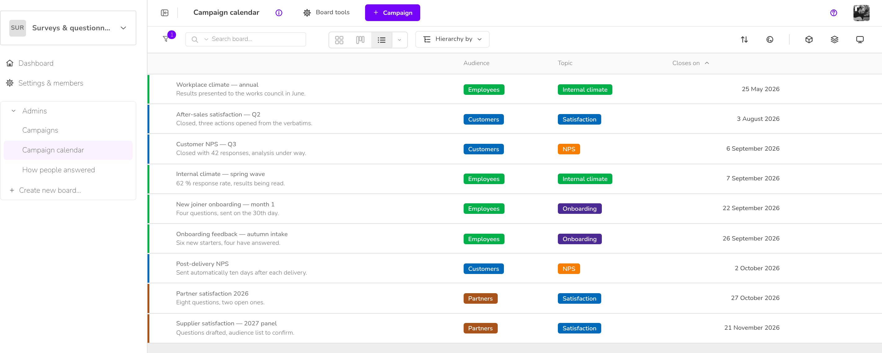Surveys & questionnaires — Campaign calendar
